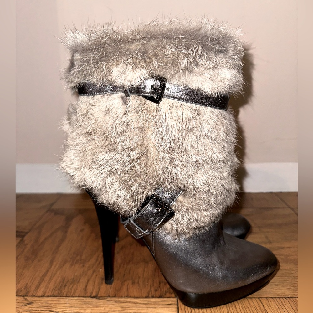 Michael KORS Removable Rabbit Fur Metallic Silver Stiletto High Heel Boot